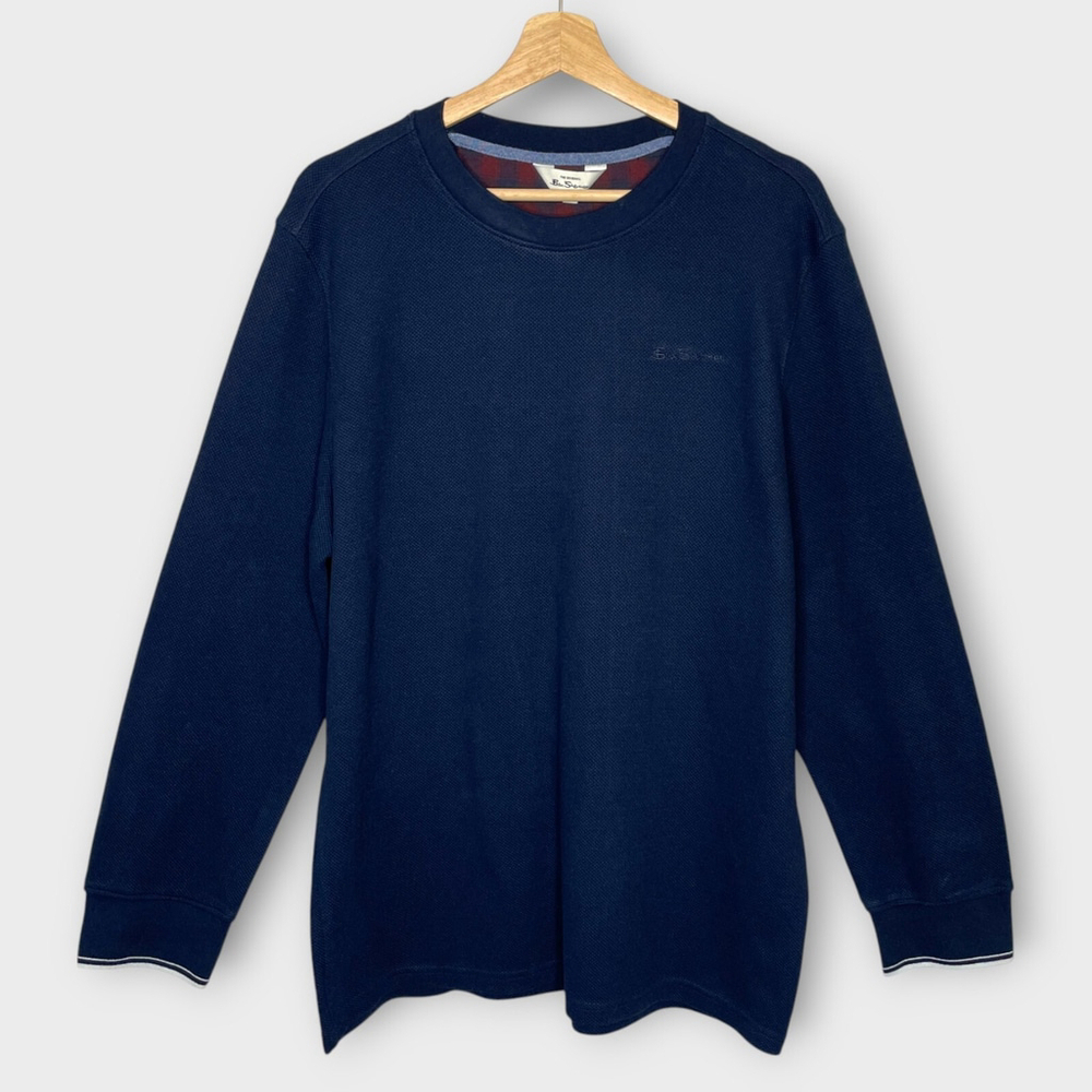 🦜 Ben Sherman Thermal Waffle Top Mens XL Blue Crew Neck Elbow Patches